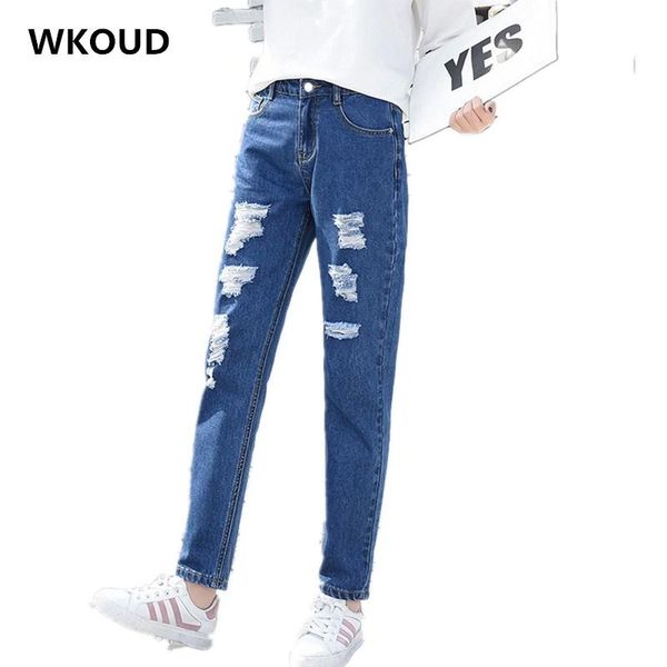 

women's jeans wkoud 2021 women spring summer holes washed pants ankle-length denim harem loose black trousers casual p8753, Blue