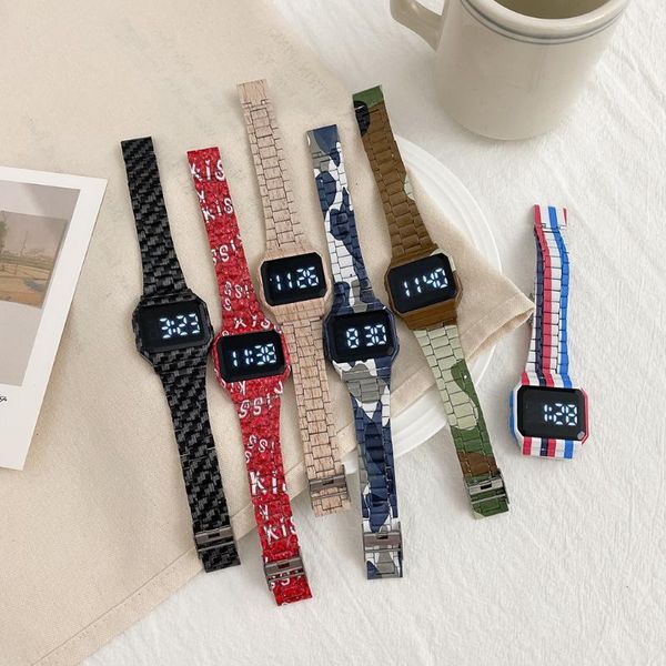 

wristwatches camouflage steel band led student watch clock fashionable men's touch screen electronic quartz wrist watches, Slivery;brown