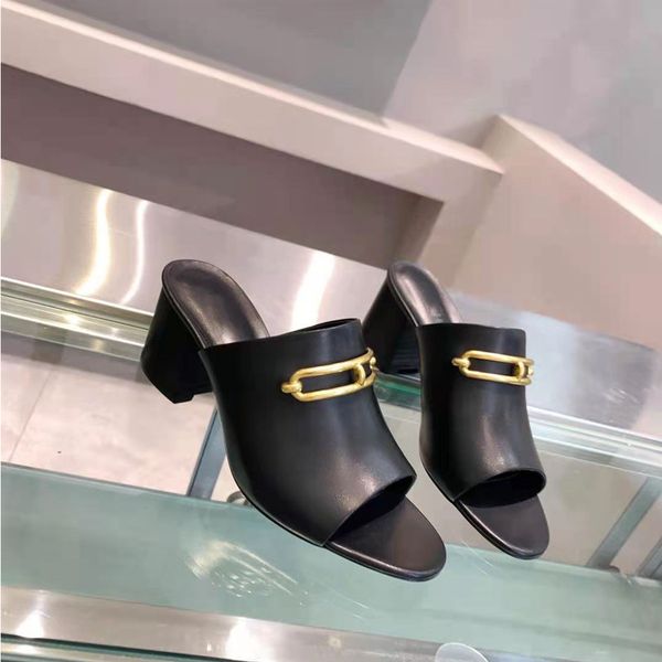 

slippers sandals h family leather sandals 2021 new summer thick heel horseshoe middle versatile for womenzly, Black