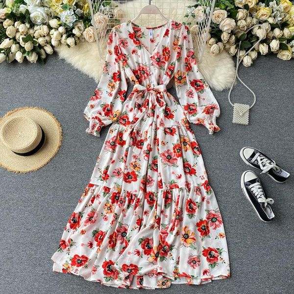 

casual dresses 2021 women bohemian dress autumn slim a-line floral print mid-calf puff sleeve party elegant ladies v-neck long robe, Black;gray