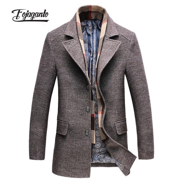 

men's wool & blends fojaganto winter casual woolen coat slim detachable scarf windbreaker solid color fashion gentleman for male, Black