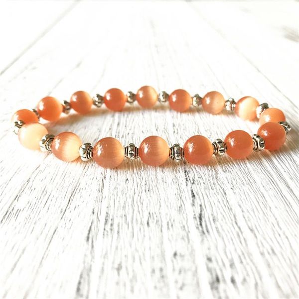 

charm bracelets metal bead and cat eye bracelet bright beads jewelry healing stone orange yoga mala gift for men or wome, Golden;silver
