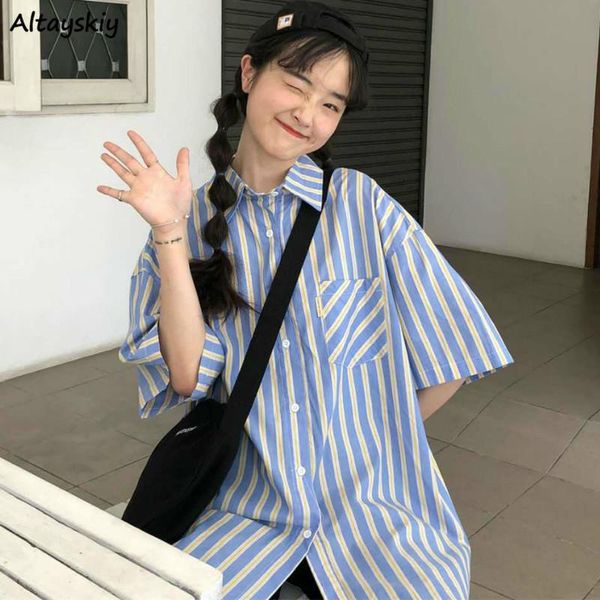 

women's blouses & shirts women 2021 korean summer lovely striped student teens preppy all-match retro harajuku bf ladies blusas, White