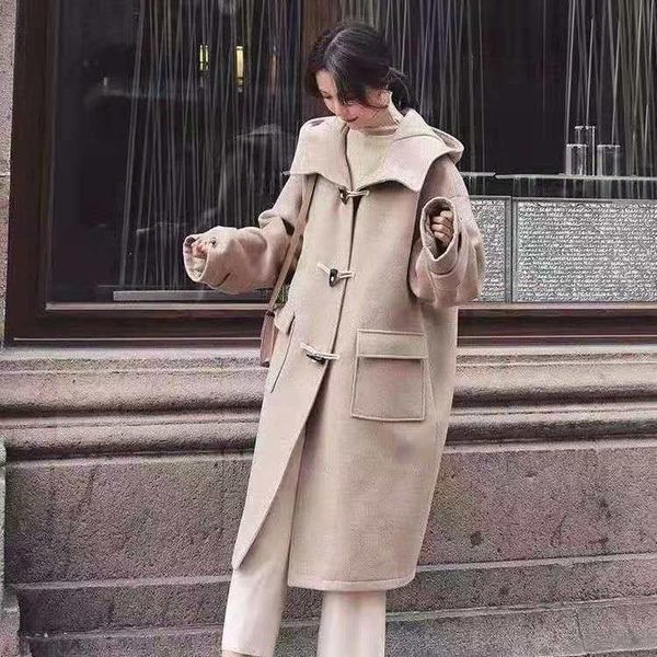 

winter coat women elegant wool blend korean fashion long coats vintage thicken woolen overcoat oversize outwear women's & blends, Black