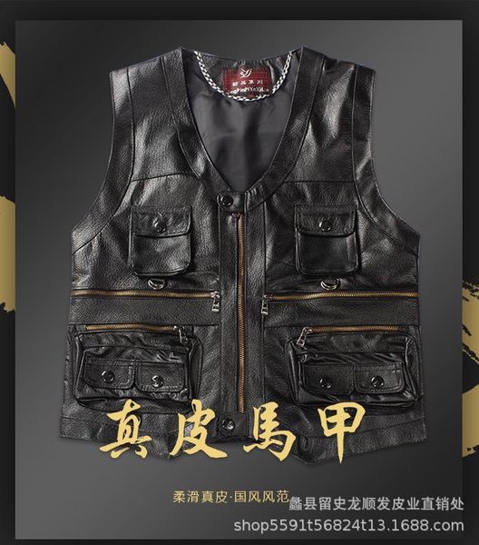 

men's autumn genuine leather vest fashion v-neck multi-pocket vests, Black;white