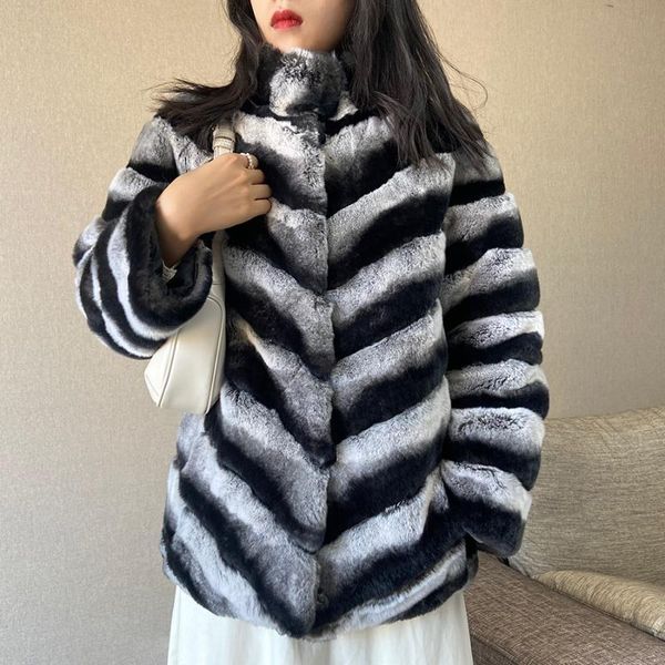 

women's fur & faux coat female real rex jacket winter quality overcoat elegant stand collar, Black