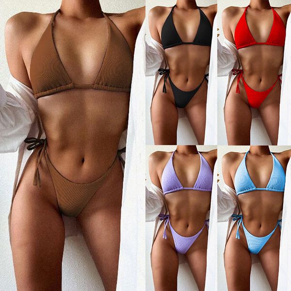 Abiti a due pezzi 2023 Set bikini sexy Vita bassa pieghettato ondulato Solido Costume da bagno al neon Fasciatura da donna BeachWear Costume da bagno monokini Push Up Plus Size Costume da bagno Biquini