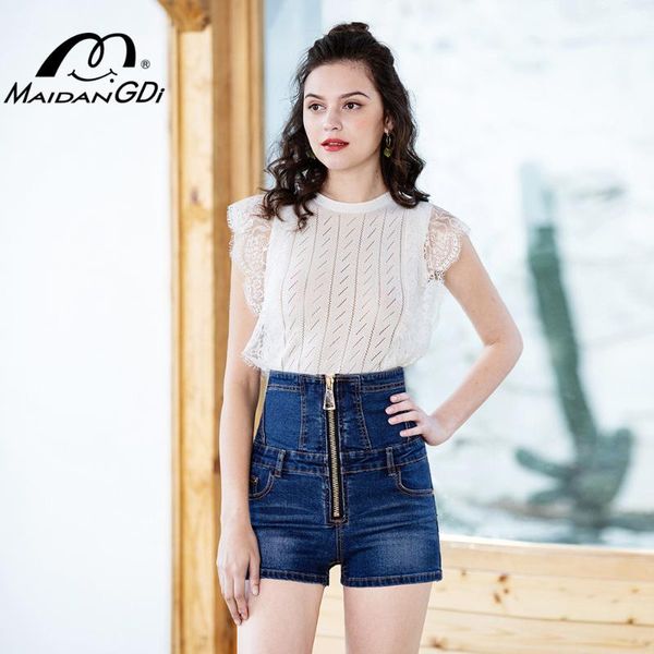 

women's jeans maidangdi woman shorts 2021 summer high waist big zipper denim large plus size women belly strap, Blue