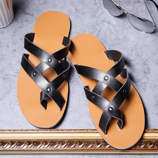 

slippers cross bands flip flops men antiskid brown summer holiday shoes, Black