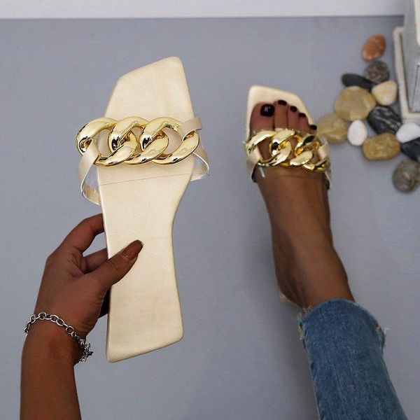 

sandals women's slippers 2021 summer square toe metal flat women fashion beach closed transparent 43, Black