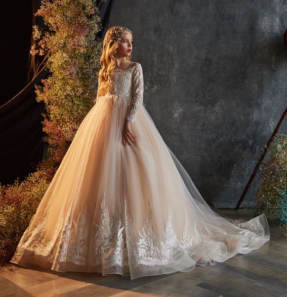 Vestidos de garota de flor de champanhe de penas para casamento manga comprida meninas meninas concurso festa de aniversário vestido de natal