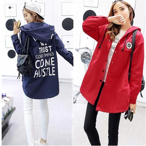 

women's trench coats 2021 autumn winter women large size fashion wild long casual loose coat printing letters hooded, Tan;black