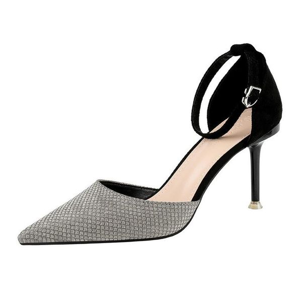 

fashion pointed high-heeled shoes with buckle sequins hollow sandals women's lsj-6719-6, Black