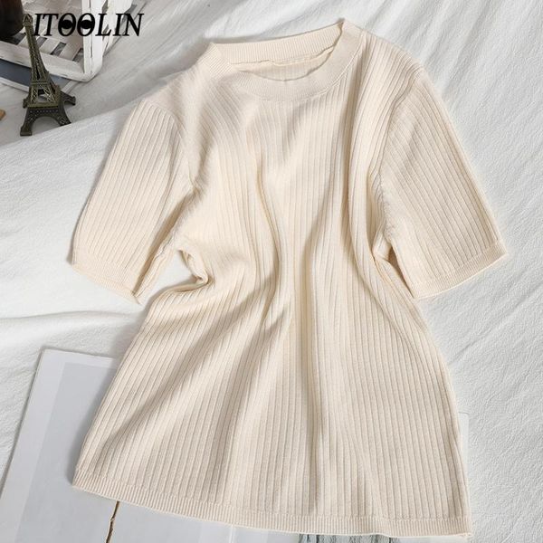 

women's t-shirt itoolin summer 2021 t-shirts women slim fit o neck knitted female short sleeve solid color tees, White
