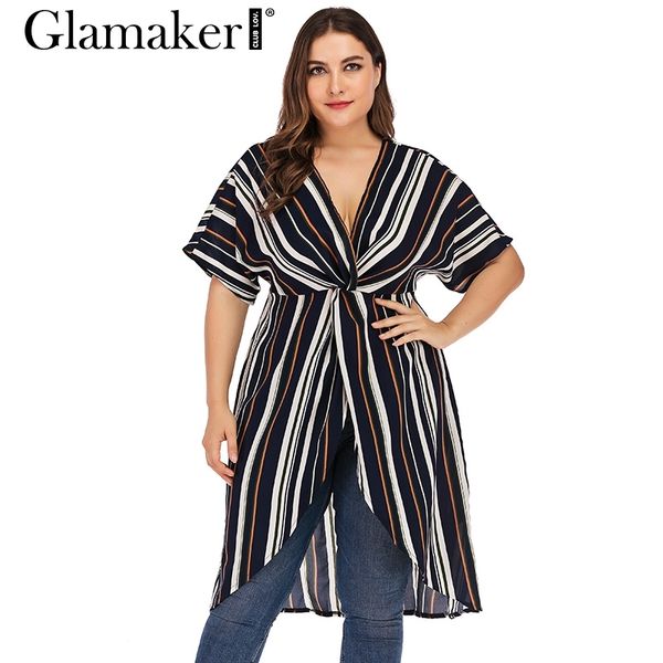 

glamaker elegant stripe casual blouse shirt for women summer deep v neck blouses female short sleeve plus size shirt vintage new 210412, White