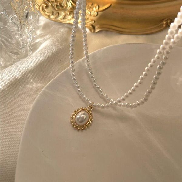 

pendant necklaces simple double-layer pearl necklaceemperament ins net red necklace niche cold wind collar clavicle chain, Silver