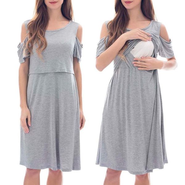 

maternity dresses abiti estivi o-collo premaman da donna solidi manica corta freddo dovrebbe camicia notte per allattamento al seno, White
