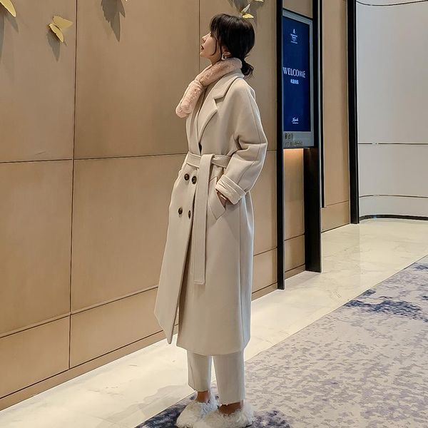 

women's wool & blends winter elegant coat blend women fashion double breasted long coats with belt overcoat outwear, Black