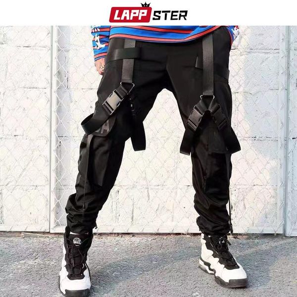 

streetwear hip hop ribbons joggers pants cargo men japanese style black casual track fashions clothing men's
