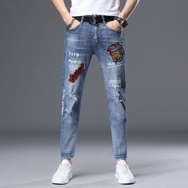 

cropped jeans mens fashion brand hole embroidery printing casual korean slim pants, Blue