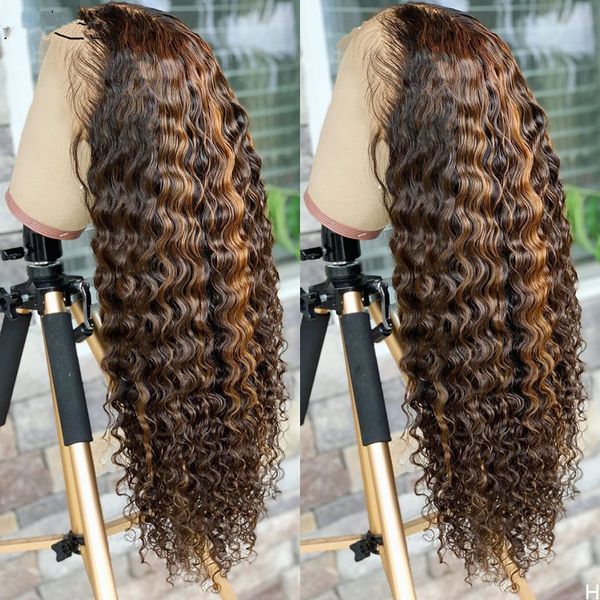 Evidenziare Parrucche anteriori in pizzo per capelli umani Onda profonda Ombre Colorate Glueless Pre pizzicate hd Parrucca trasparente riccia con lacci d'acqua Biondo miele Capelli veri 150% densità