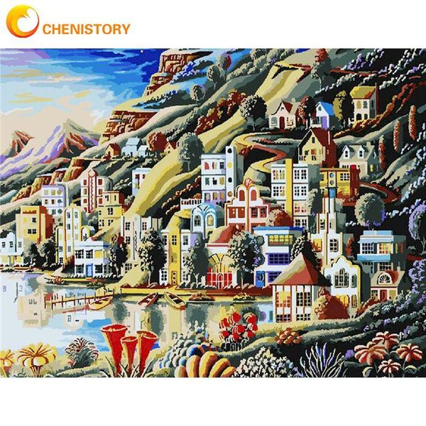 

paintings chenistory 60x75cm painting by numbers house along seaside landscape picture number acrylic pigment drawing canvas decor