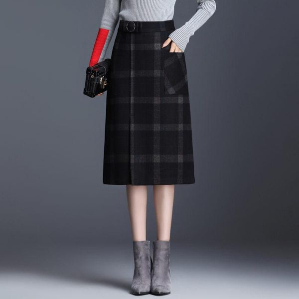 

skirts 2021 fall temperament plaid winter woolen skirt a-line fashion slim fit pocket midi womens workwear with zipper k1197, Black