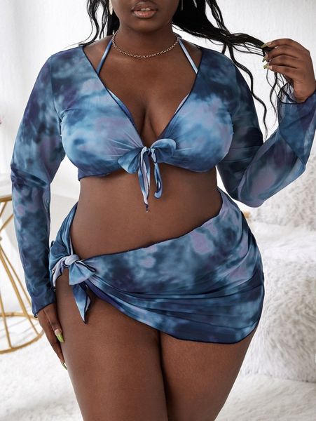 

4pack plus tie dye bikini swimsuit & cover up with skirt c5dz#, Black
