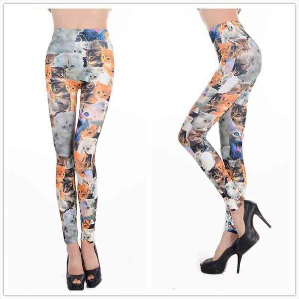 

seamless printing cute little cat womens leggings print elasticity, Black