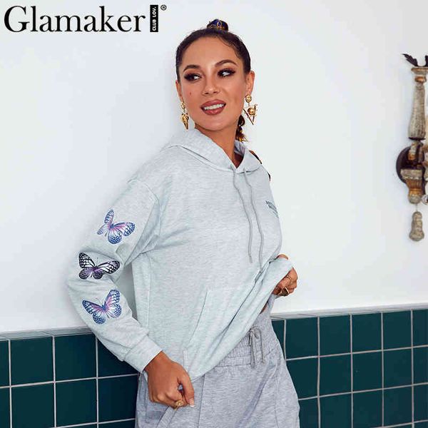 

glamaker butterfly print streetwear sweatshirt fashion winter women loose hoodies pullovers casual gray oversized hoodie 210414, Black