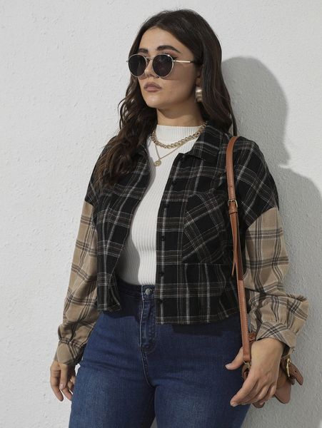 

plus plaid print drop shoulder colorblock blouse u1it#, Black