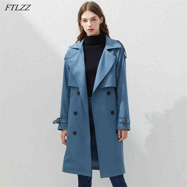 

spring autumn double breasted long trench lapel jacket women vintage belt coat cloak windbreaker outwear blue parka 210430, Tan;black