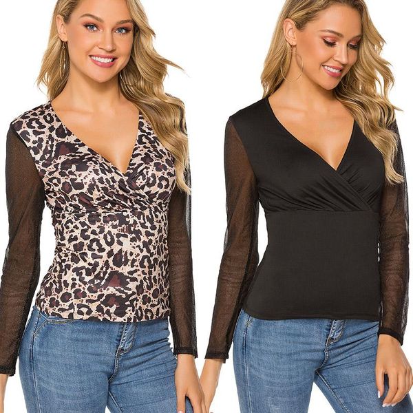 

women's blouses & shirts sell mesh hollow v-neck blouse fashion women patchwork long sleeve ladies leopard black cosy, White