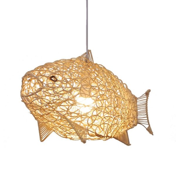 Rattan Lamp Современный простой просторный ресторан личности креативная ручная рыба люстра деревянная
