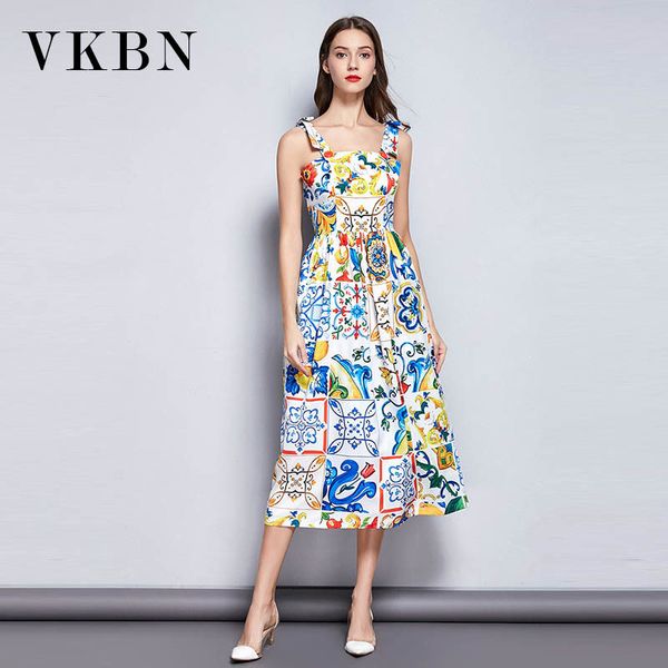 

vkbn fashion summer dress women printing sleeveless square collar casual dress elegant contrast printing 210507, Black;gray