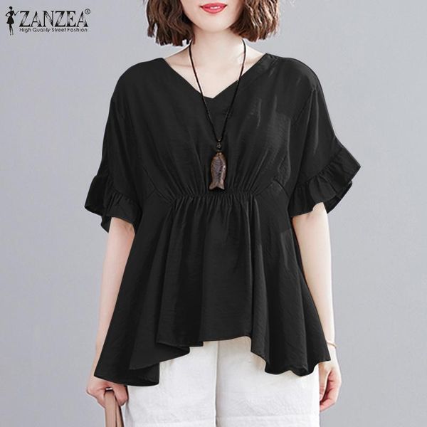 

women's blouses & shirts zanzea autumn vintage short sleeve asymmetrical femlae tunic yellow blusas v neck casual high waist elegant, White