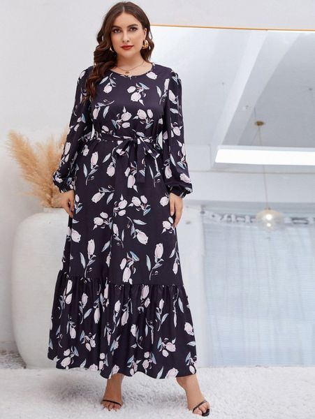 

plus floral print lantern sleeve ruffle hem belted dress i7ea#, Black