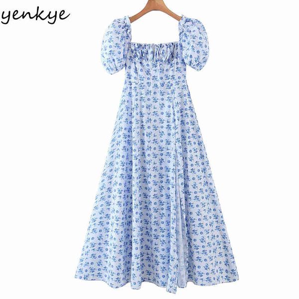 

blue floral print elegant long maxi dress women square neck short sleeve slits a-line summer robe longue 210430, Black;gray