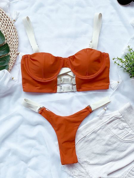 

hollow out red swimwear high cut bikini 2021 mujer metal bule belt swimsuit women biquini female bathing suitby air