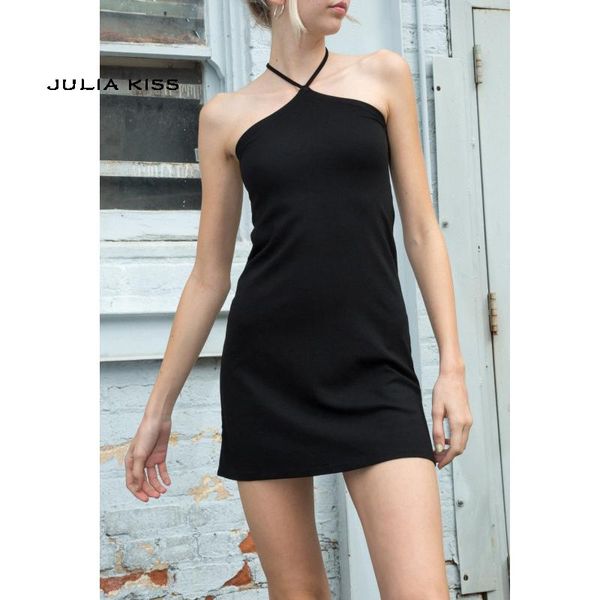 

casual dresses women fitted halter mini dress with a high point collar detail and two string ties, Black;gray