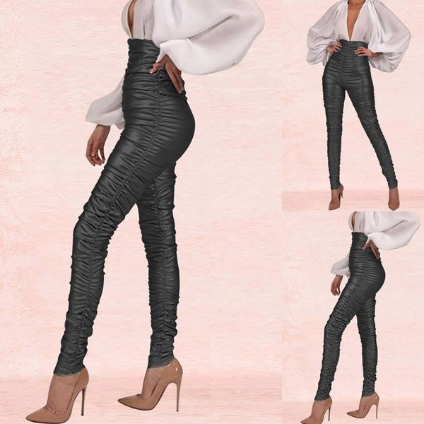 

women's pants & capris women faux leather black fold skinny slim fit trousers fashion high waist folds party clubwear long, Black;white
