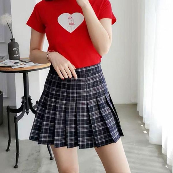 

fashion mini skirt harajuku tartan blue women plaid pleated skirts side button high waist womens casual, Black