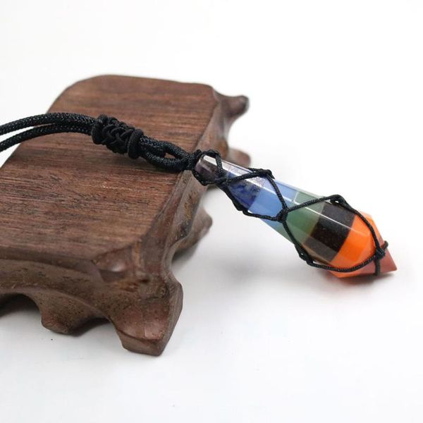 

pendant necklaces rope wrap natural crystal stone necklace pyramid hexagonal rainbow layered chakras pendulum healing pendules, Silver