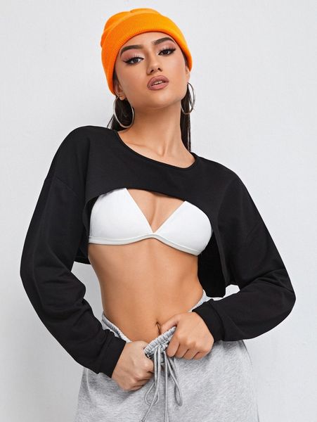 

drop shoulder frayed hem super crop pullover without bra q34g#, White;black