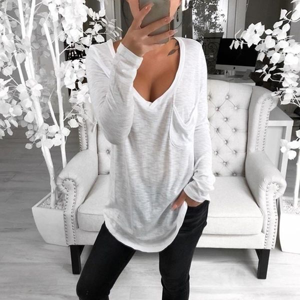 

women's t-shirt fashion ladies long sleeve v-neck female solid color pockat tees t shirt autumn women for, White