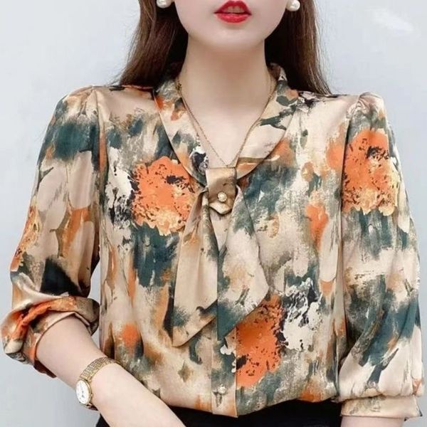 

women spring summer style chiffon blouses shirts lady casual half sleeve bow tie collar printed df4198, White