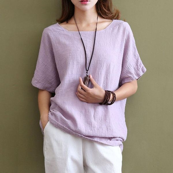 

women's t-shirt 2021 spring and summer cotton literature art solid color loose large size thin short sleeve, White