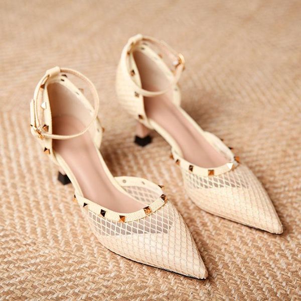

dress shoes high-quality rivet fashion high-heeled women's 2021 pointed toe mesh single wedding, Black