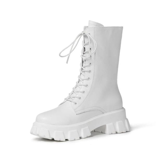 

real leather waterproof cross-tied thick high heel winter shoes round toe keep warm women mid-calf boots l33, Black