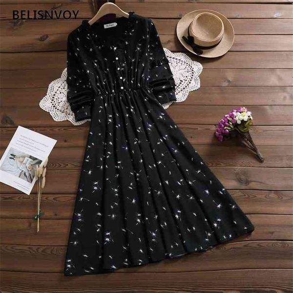 

vintage woman chiffon dress spring autumn elegant v-neck ruffles floral printed dresses for women high waist party vestidos 210520, Black;gray